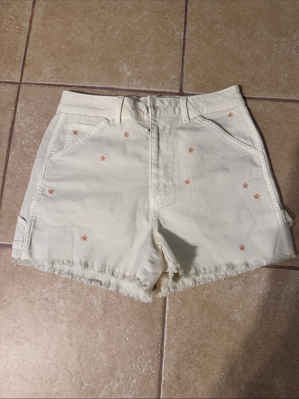 American Eagle Outfitters Cream Frayed-Hem Embroidered Jean Shorts
